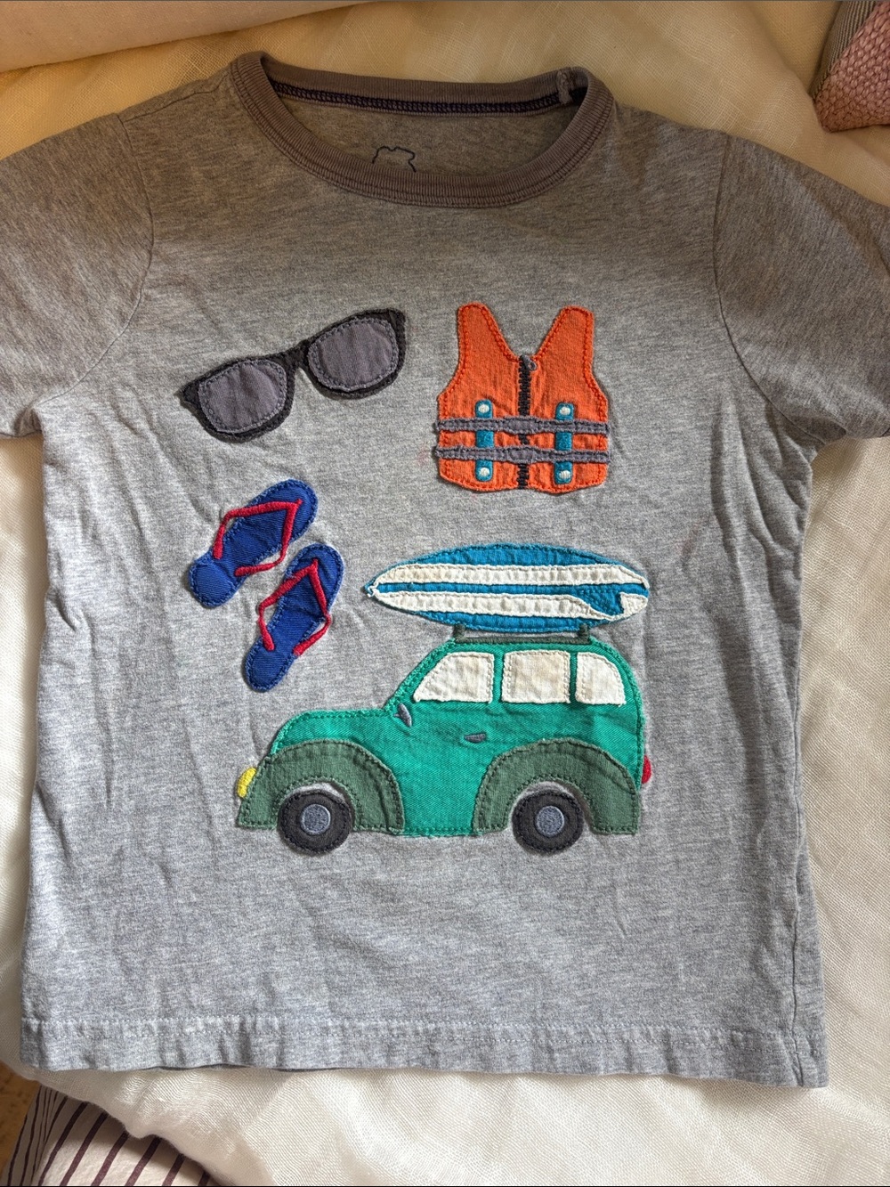 Mini Boden Grey Tee with Green Car and Orange Life Vest